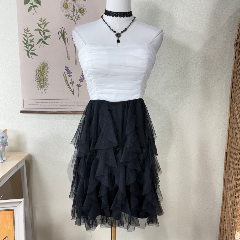 90s Y2k Ruched Ruffle Mesh Strapless Dress Dark Fairy Coquette Black Swan M 9